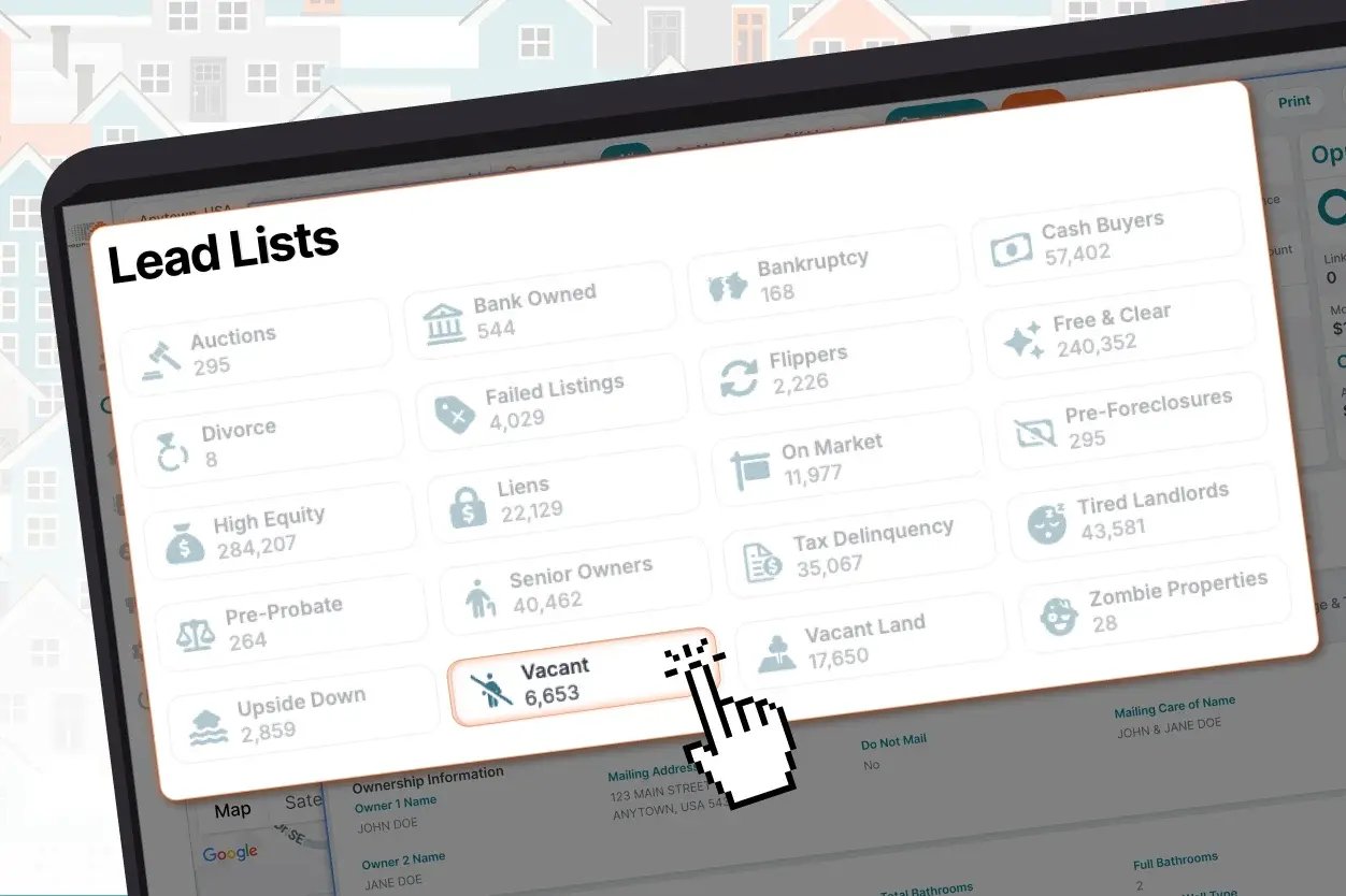 a graphic that highlights the PropStream vacant lead list filter