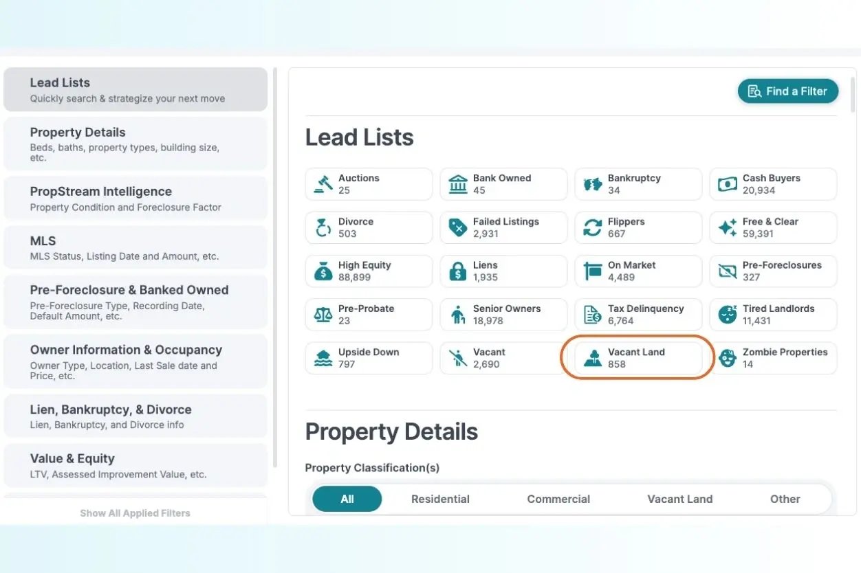 vacant land lead list screenshot propstream