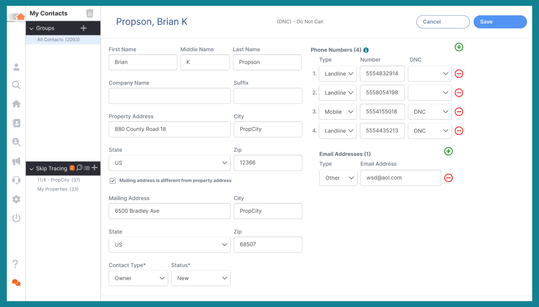 Updated Individual Contact Card on PropStream