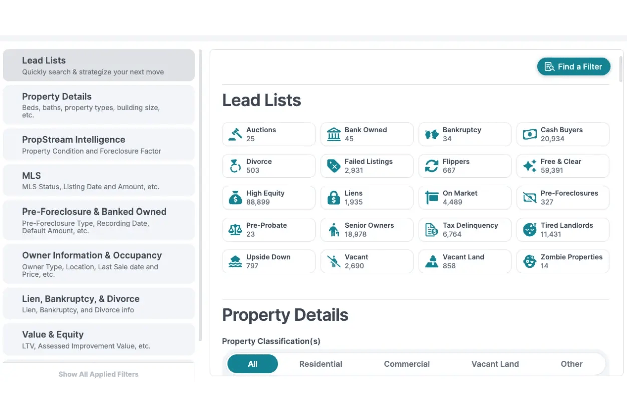 screenshot of filter menu in PropStream