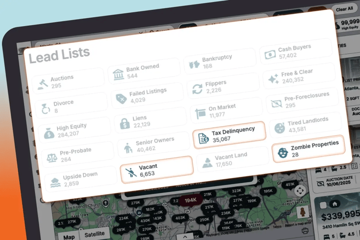 propstream screen shot tax delinquency vacant and zombie properties