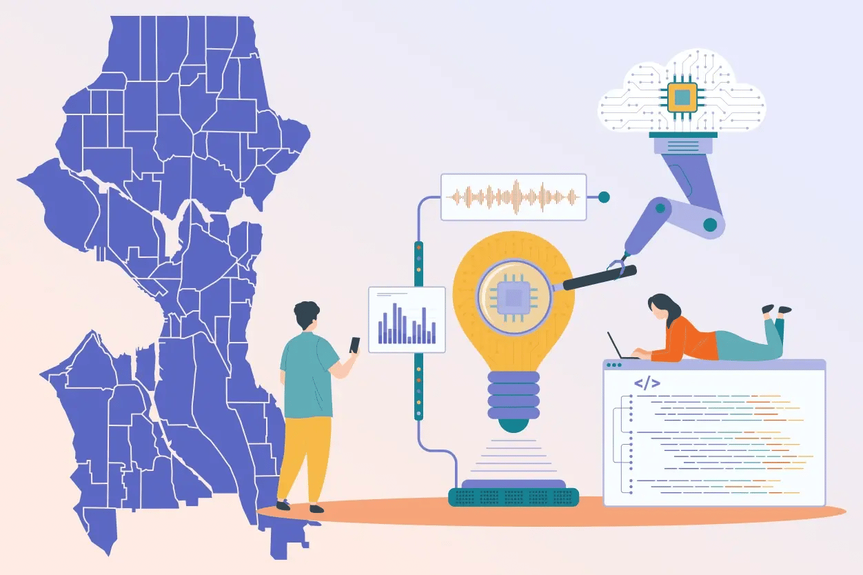 Seattle map view with icons signifying tech HQ’s and growth